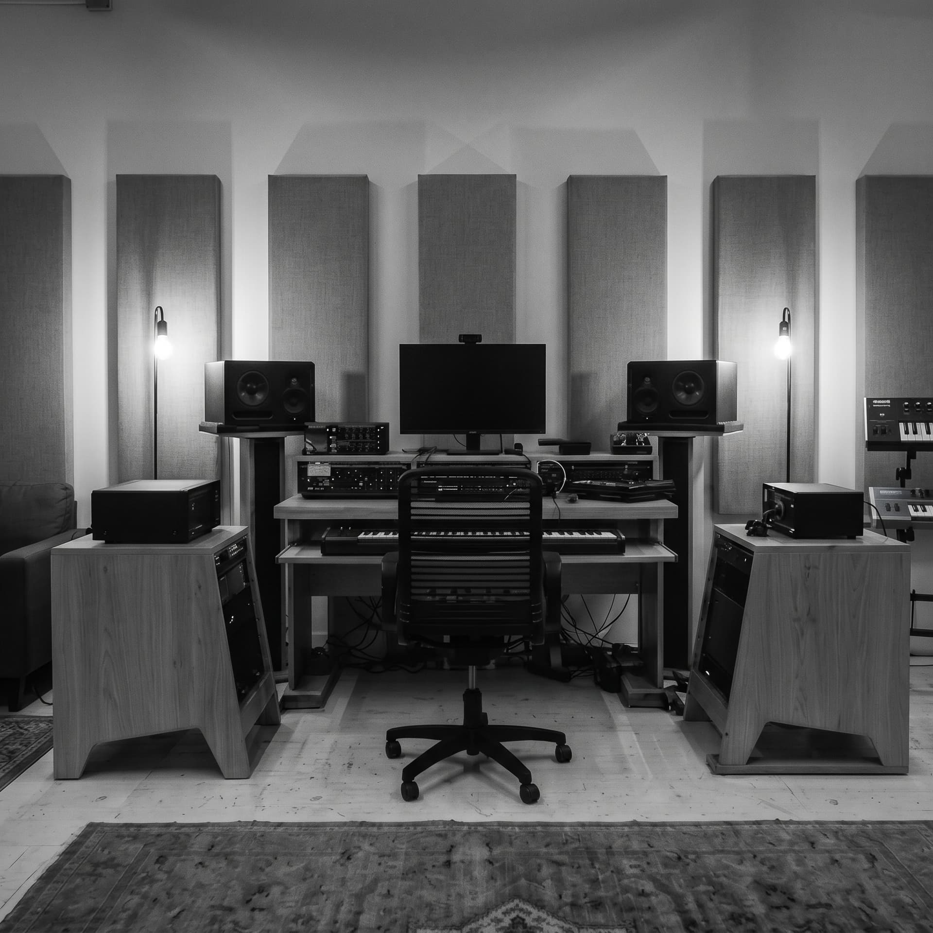 Listening position setup at Lit Factory NYC studio, monochrome