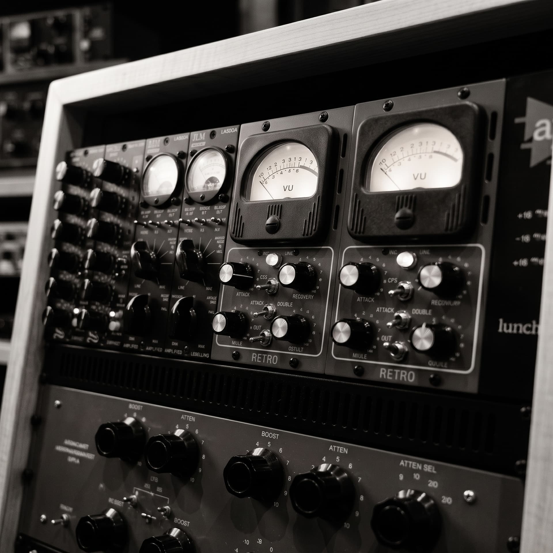 Rack of outboard preamps and compressors seen straight on